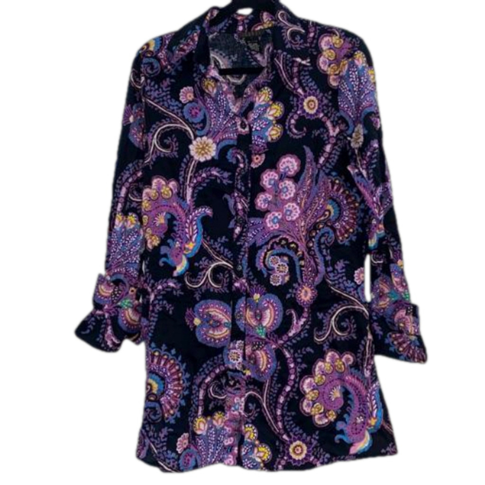 Isabel Tunic length button down blouse- Black Purple paisley design, Size L